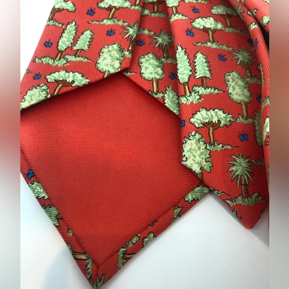 Hermes Red Tie with Green and Blue Tree Pattern W/Original Hermes box - Picture 9 of 10